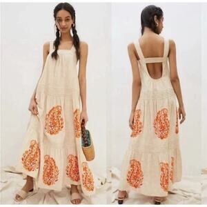Anthropologie Felicity Embroidered Maxi Dress •S• Neutral Beige Pockets